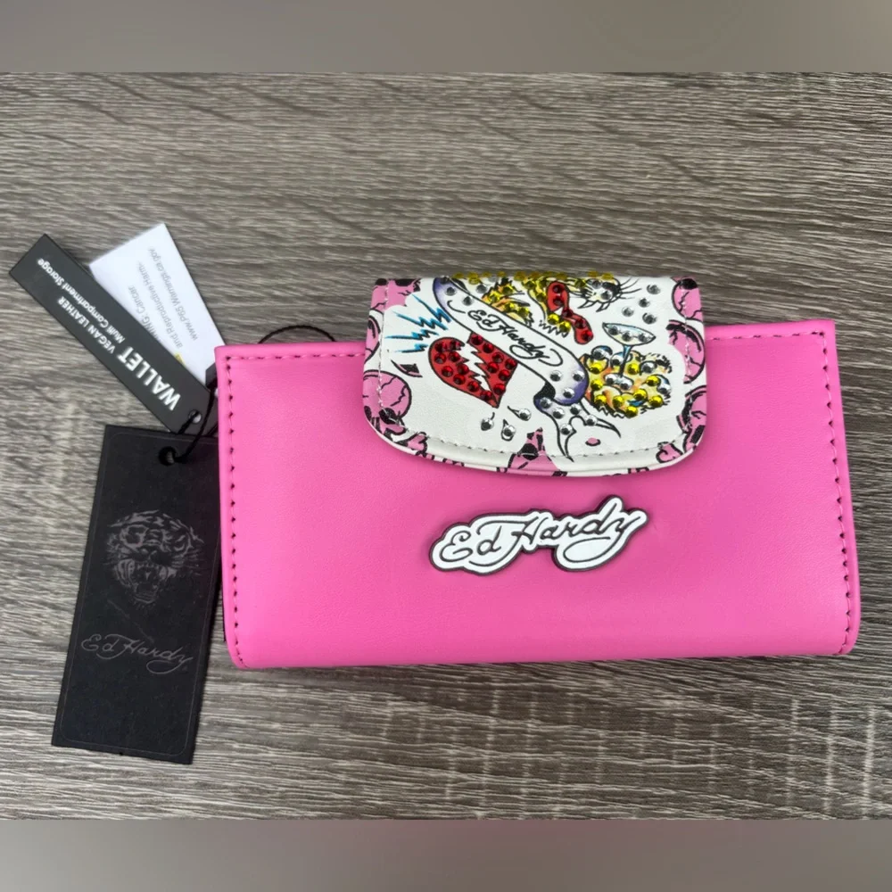 Ed Hardy Pink Women's Wallet with Tattoo-Print Flap